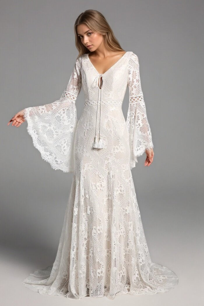 Boho Lace Long Sleeves Wedding Dresses Mermaid Beach Bridal Gowns