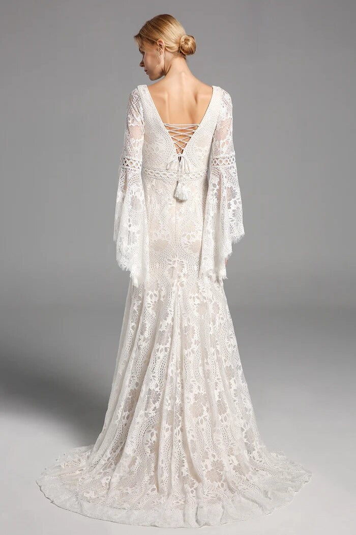 Boho Lace Long Sleeves Wedding Dresses Mermaid Beach Bridal Gowns