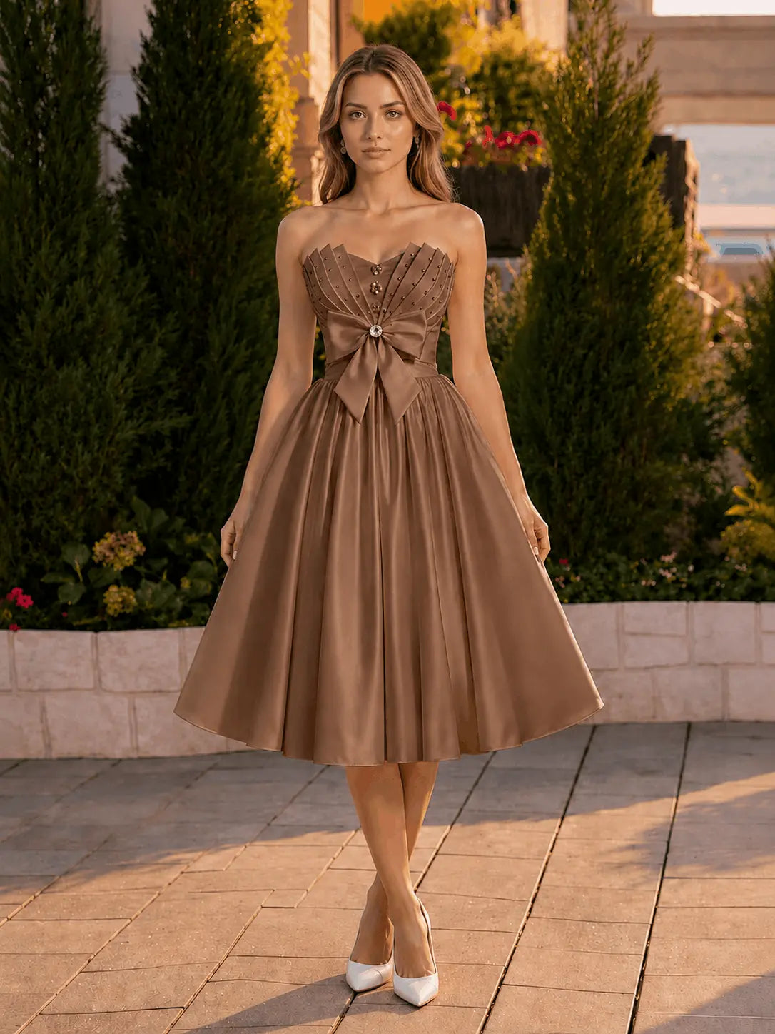 A-line Sweetheart Sleeveless Knee-Length Satin Homecoming Dress with Bow KAIDRESS