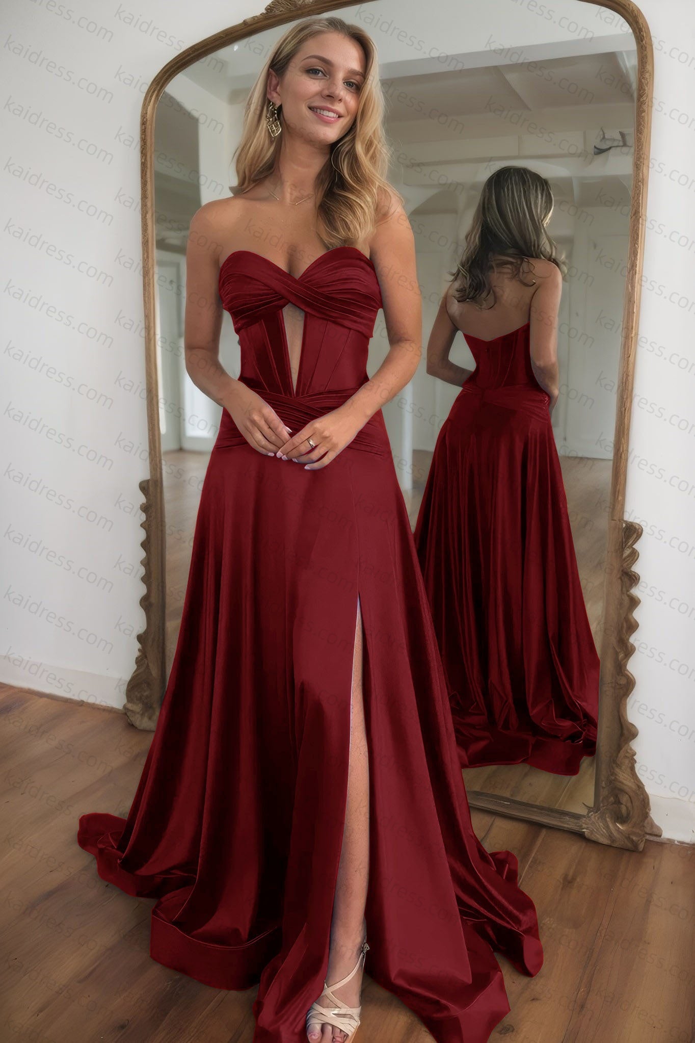 A-line Strapless Silk Long Blue Prom Dresses Elegant Evening Dress