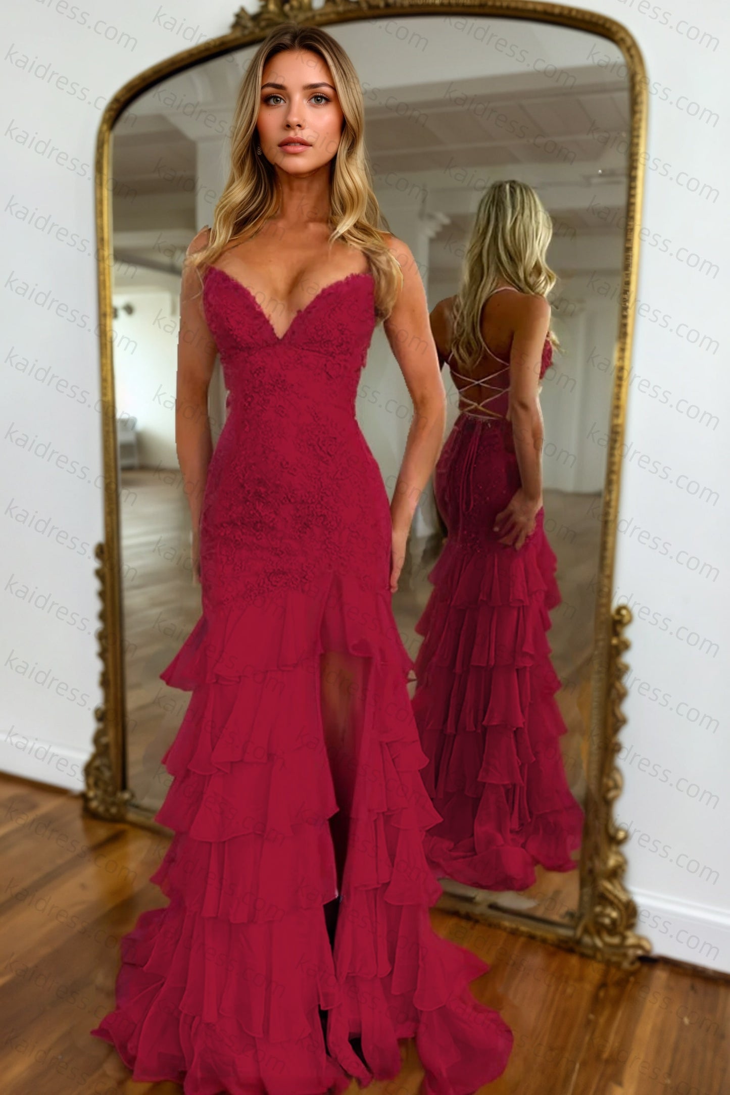 Mermaid Sparkly Lilac Lace Appliques Sheath Tiered Long Chiffon Prom Dress with Slit