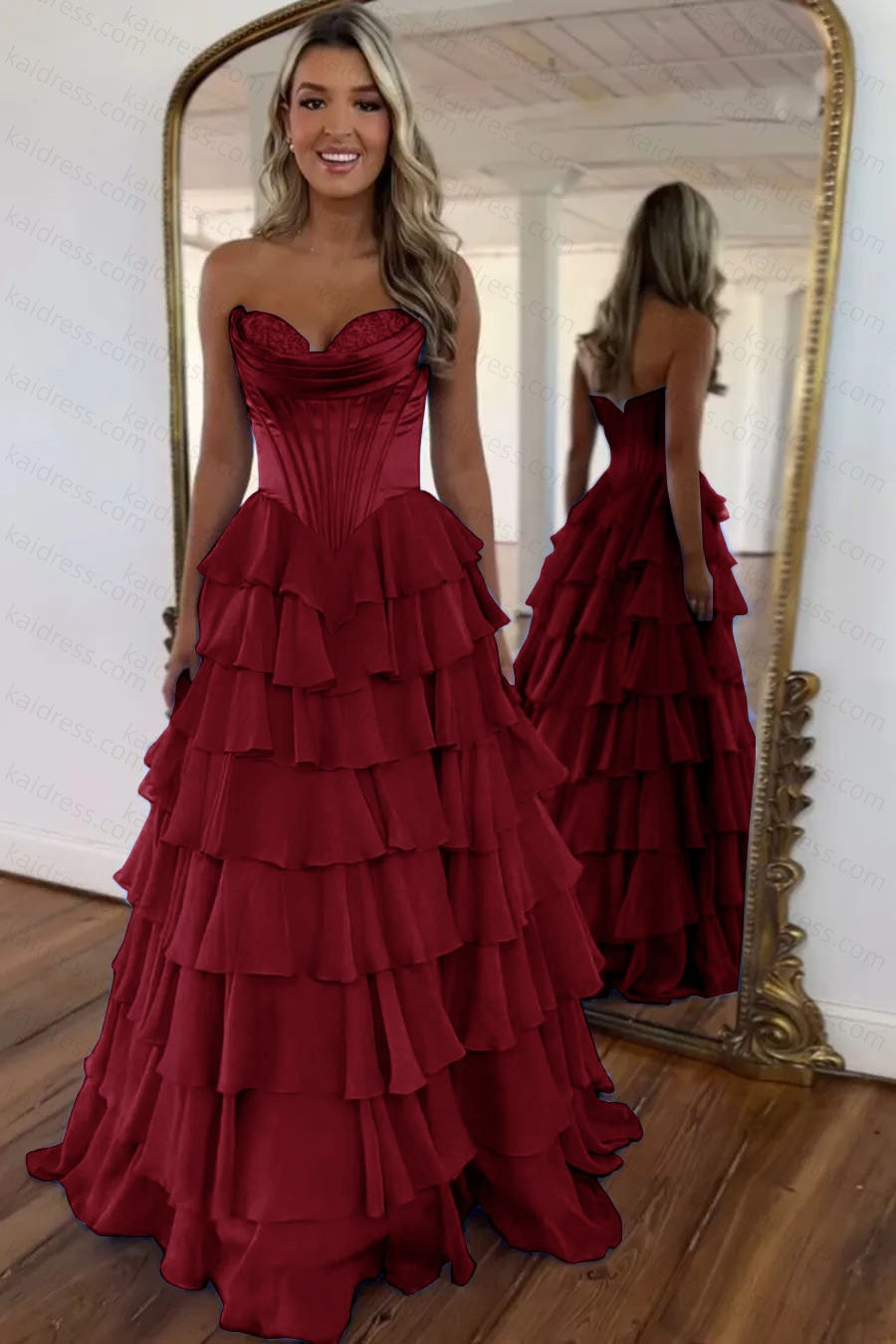A Line Blue Sweetheart Chiffon Ruffled Long Corset Prom Dress with Slit