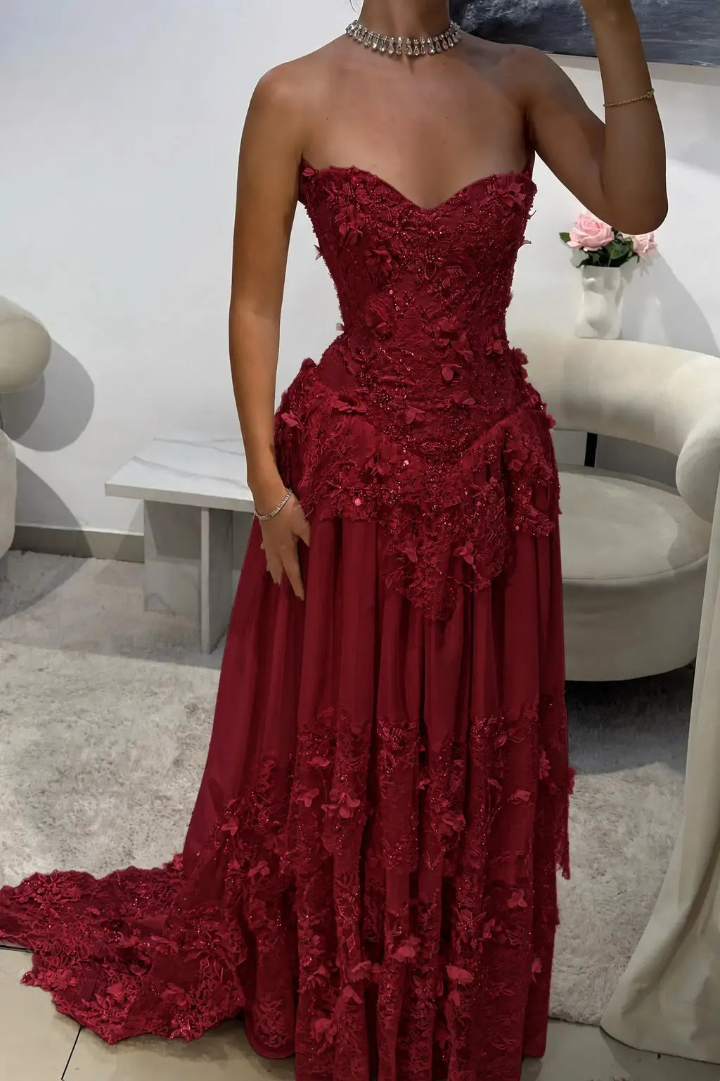 Dreamy Yellow 3D Floral Applique Sweetheart Corset Prom Dress