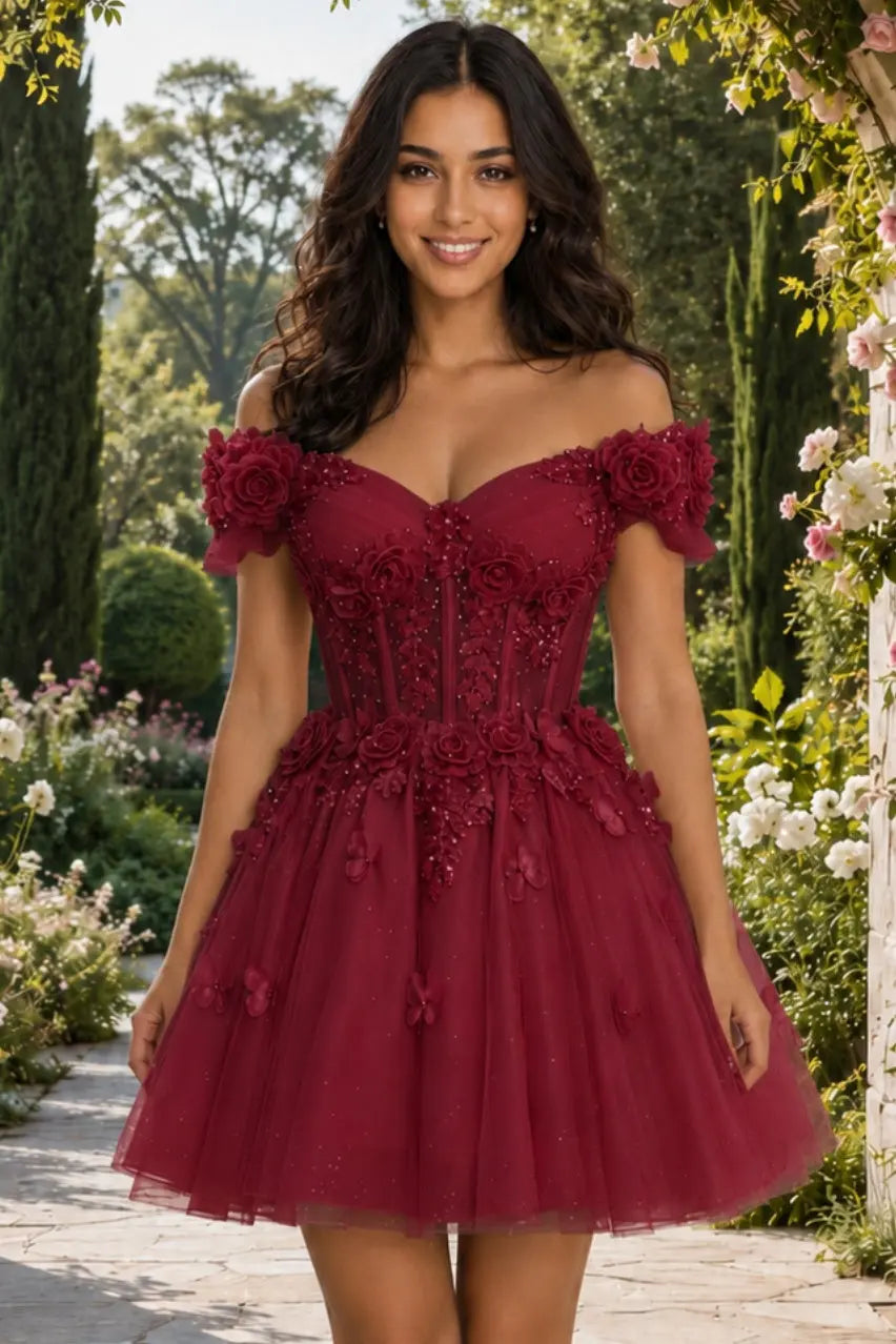 A-line Off-the-Shoulder Tulle Short/Mini Homecoming Dress with Appliqued Flowers Sequins KAIDRESS