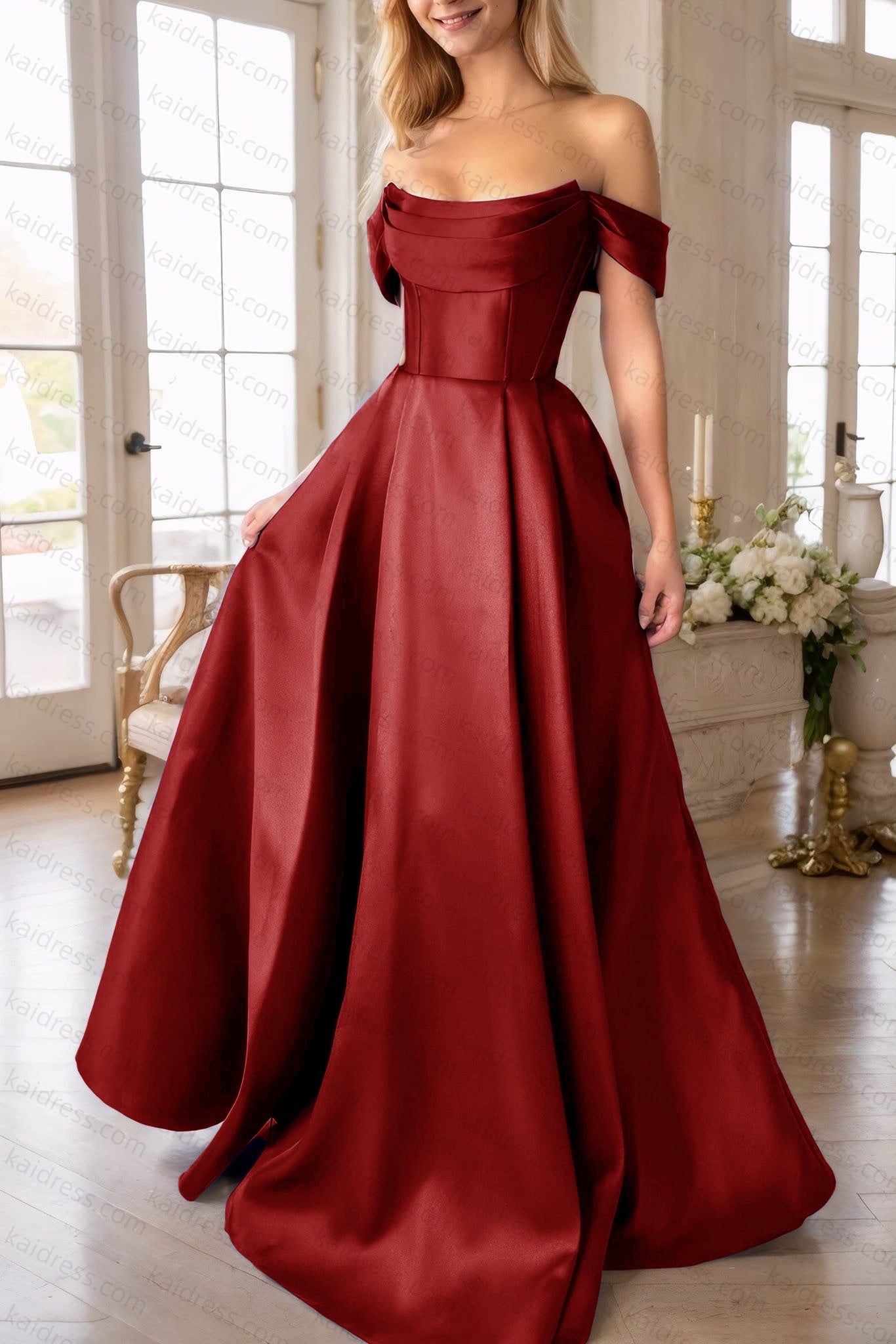 A-Line Satin Long Prom Dress, Simple Off the Shoulder Evening Party Dress With Pockets