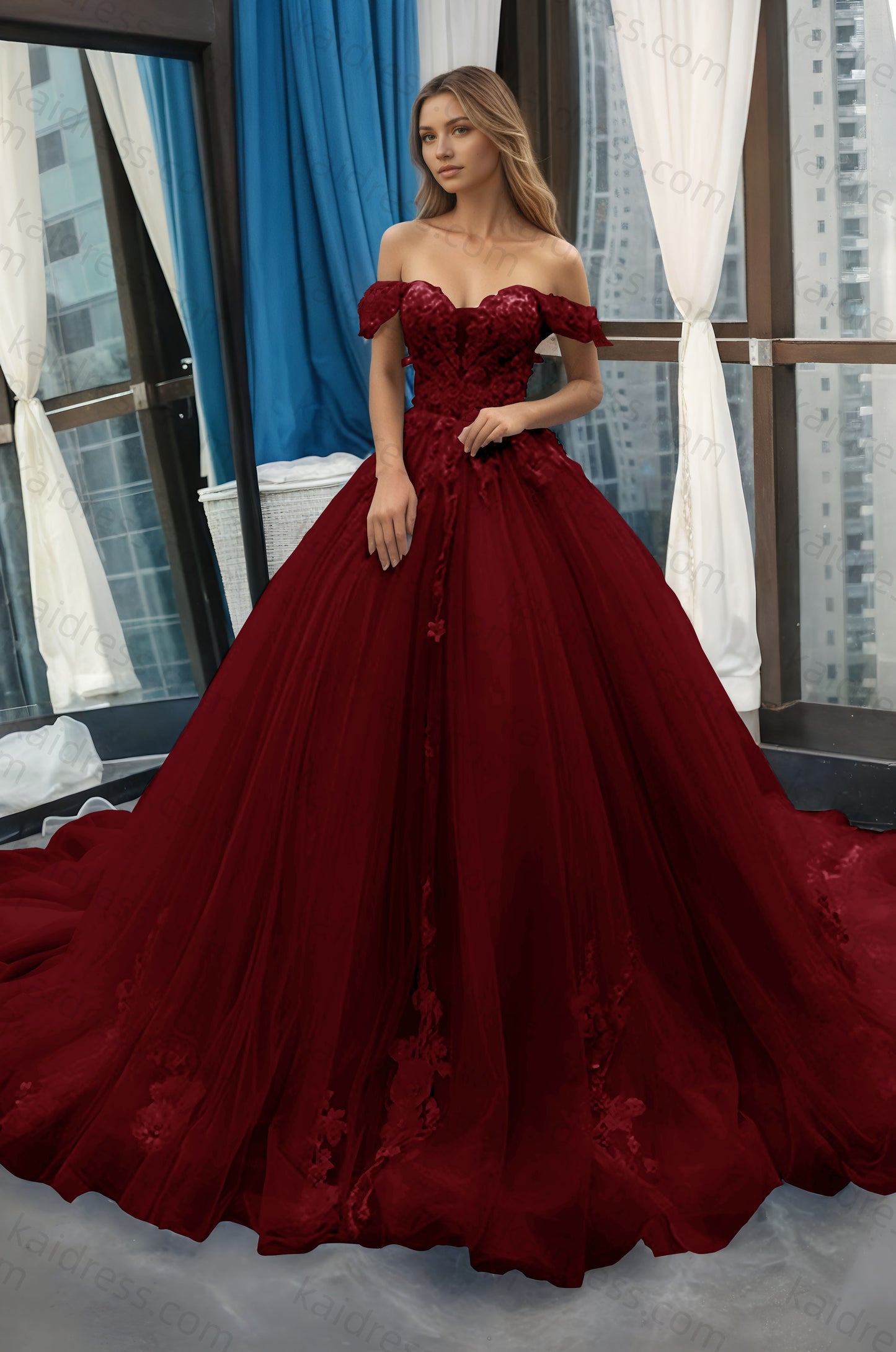 A-Line Off the Shoulder Tulle Applique Long Quinceañera Dresses Blue Formal Prom Dress