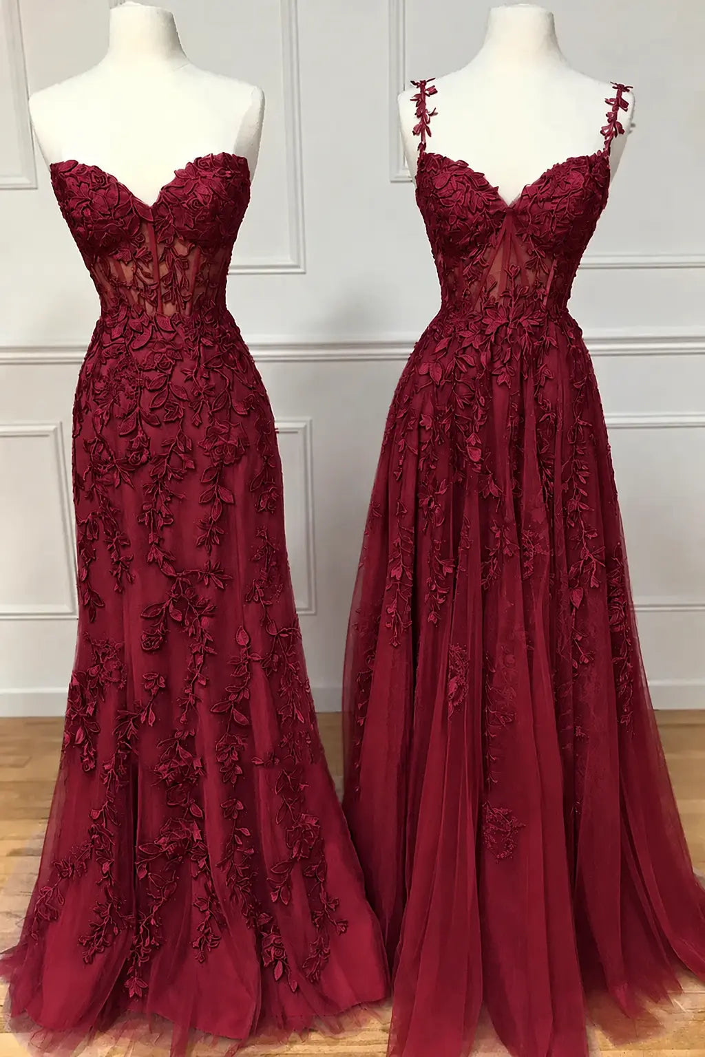 A-line Sweetheart Spaghetti Straps Sweep Train Lace Prom Dress With Beading Kaidress