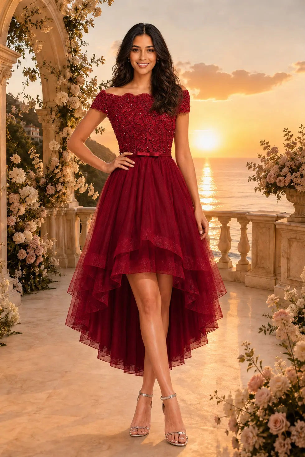Burgundy A Line Tulle Hoco Dress Off Shoulder Lace Mini Dress
