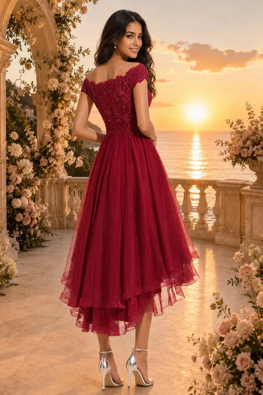 Burgundy A Line Tulle Hoco Dress Off Shoulder Lace Mini Dress
