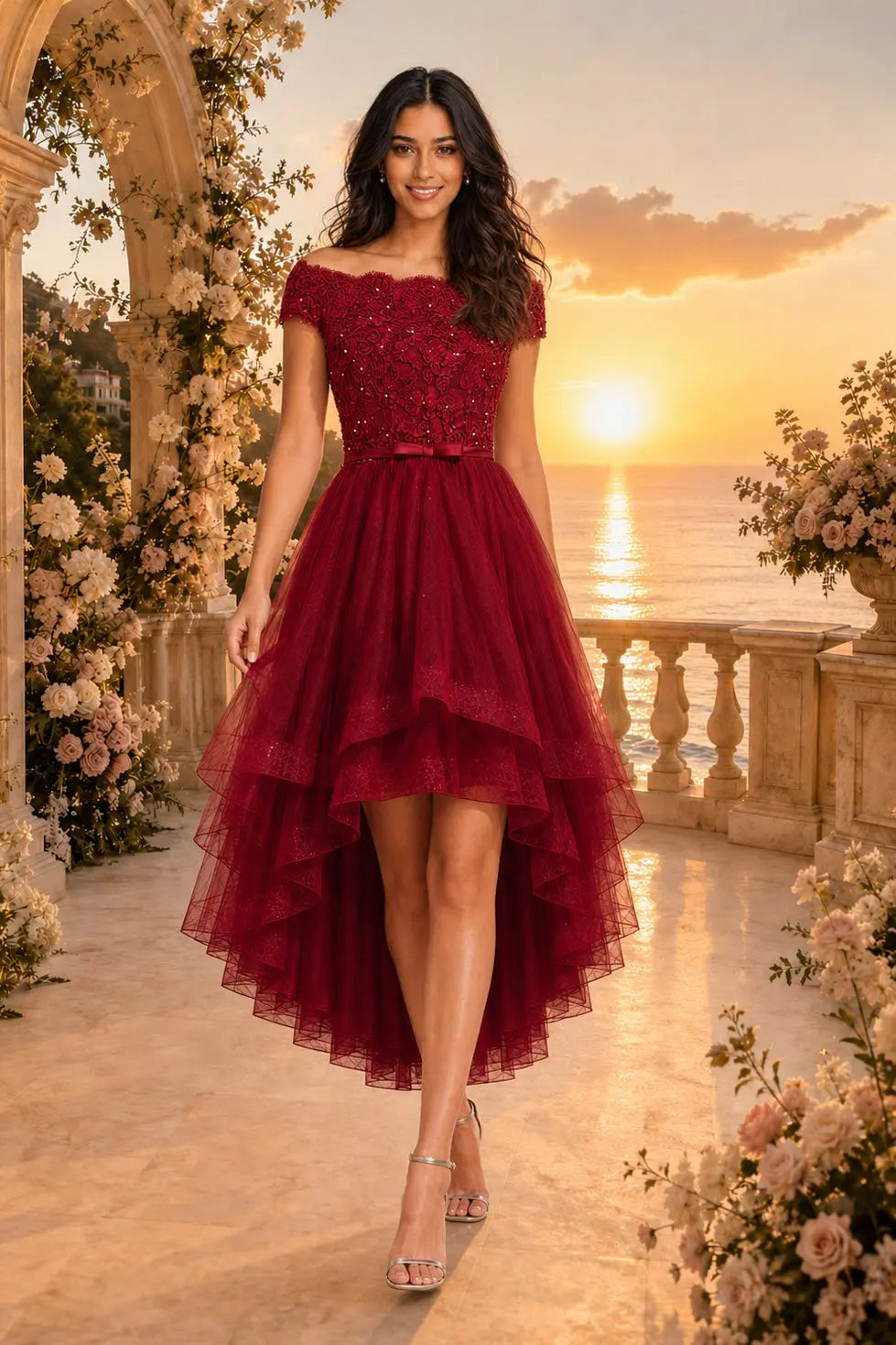 Burgundy A Line Tulle Hoco Dress Off Shoulder Lace Mini Dress