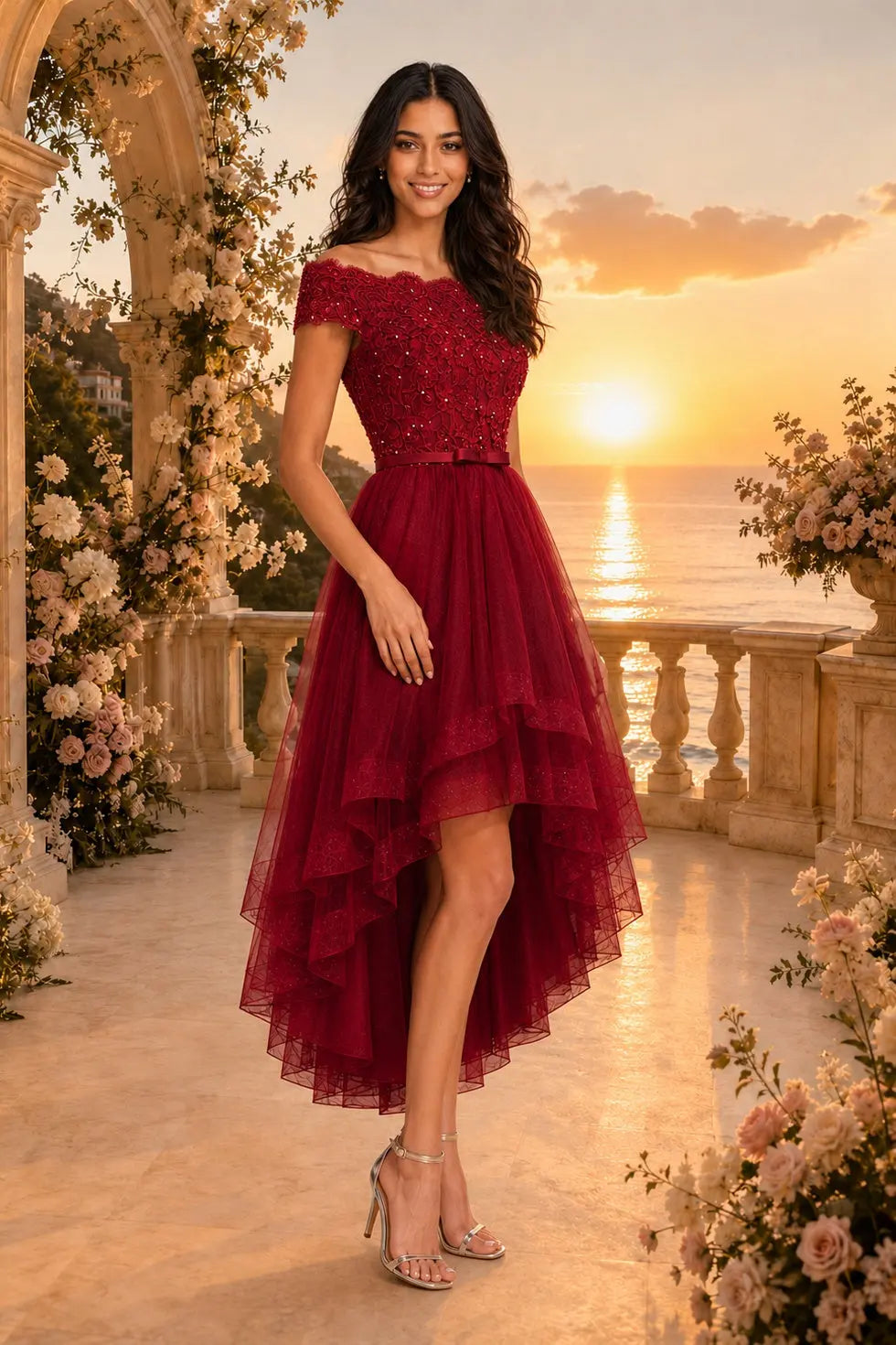 Burgundy A Line Tulle Hoco Dress Off Shoulder Lace Mini Dress