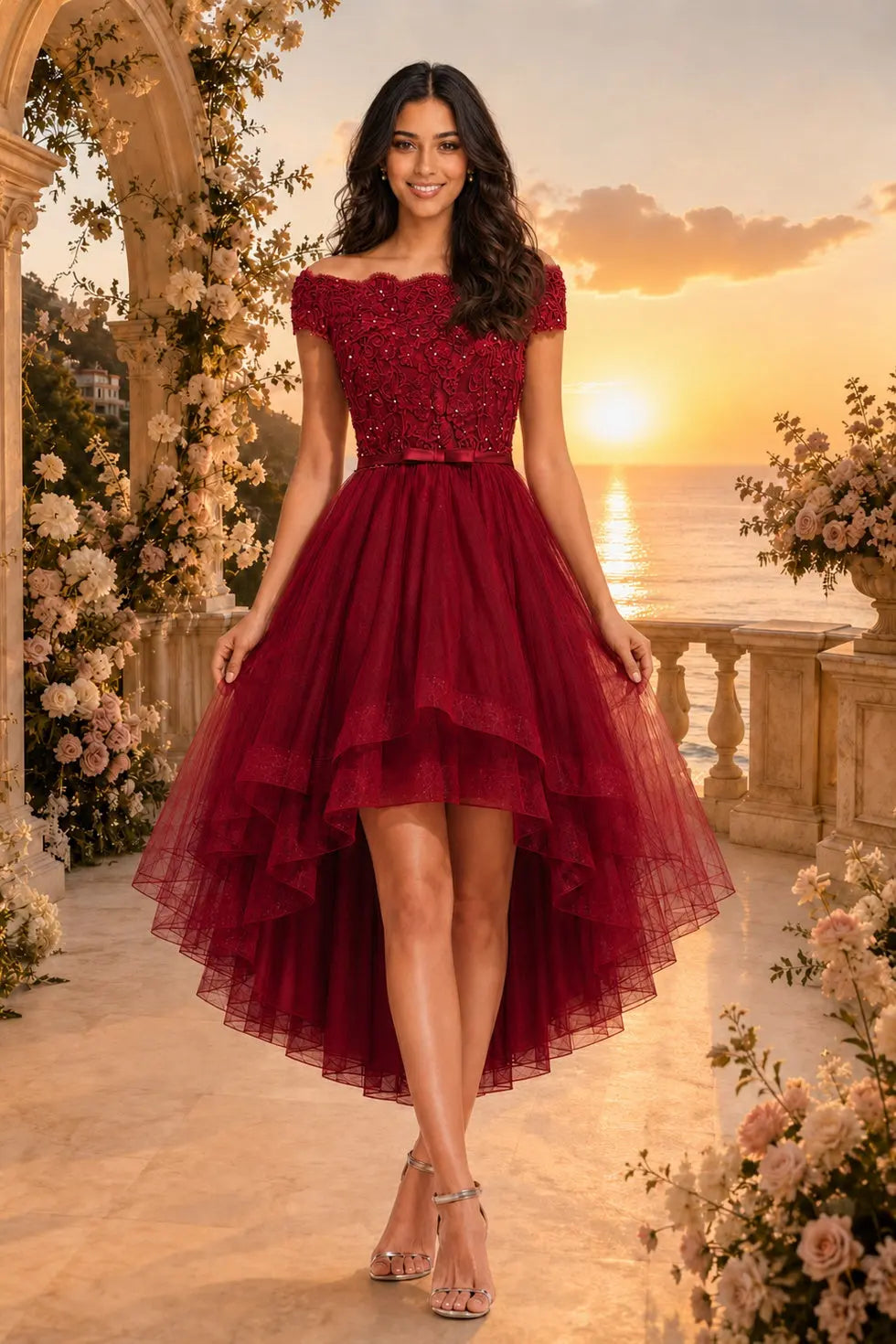 Burgundy A Line Tulle Hoco Dress Off Shoulder Lace Mini Dress