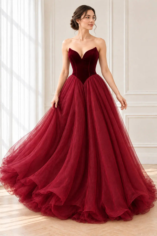 Burgundy Basque Waist Strapless Prom Dress with Lace-Up Back and Train