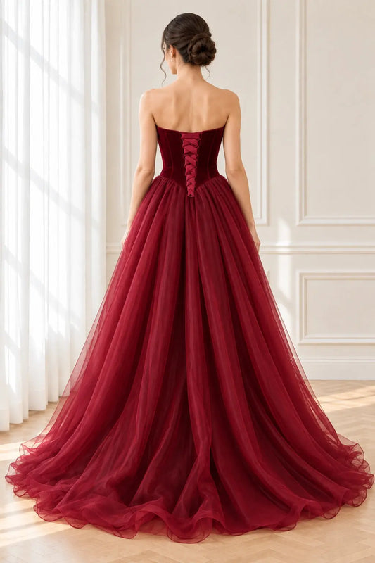 Burgundy Basque Waist Strapless Prom Dress with Lace-Up Back and Train