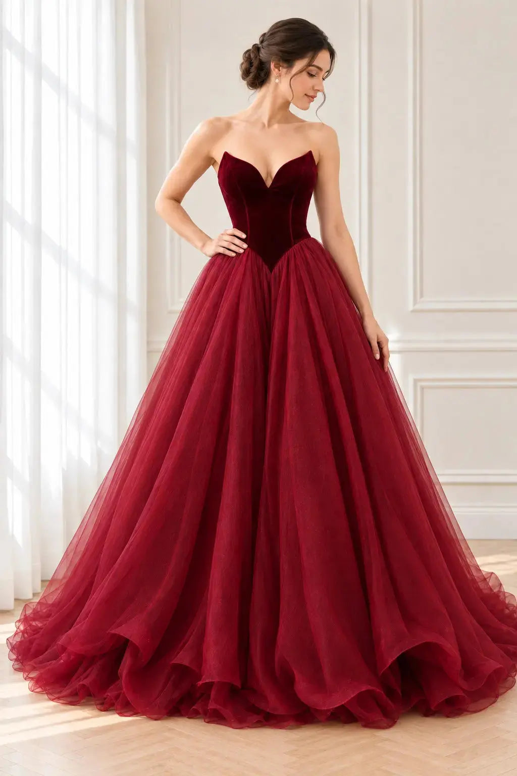 Burgundy Basque Waist Strapless Prom Dress with Lace-Up Back and Train