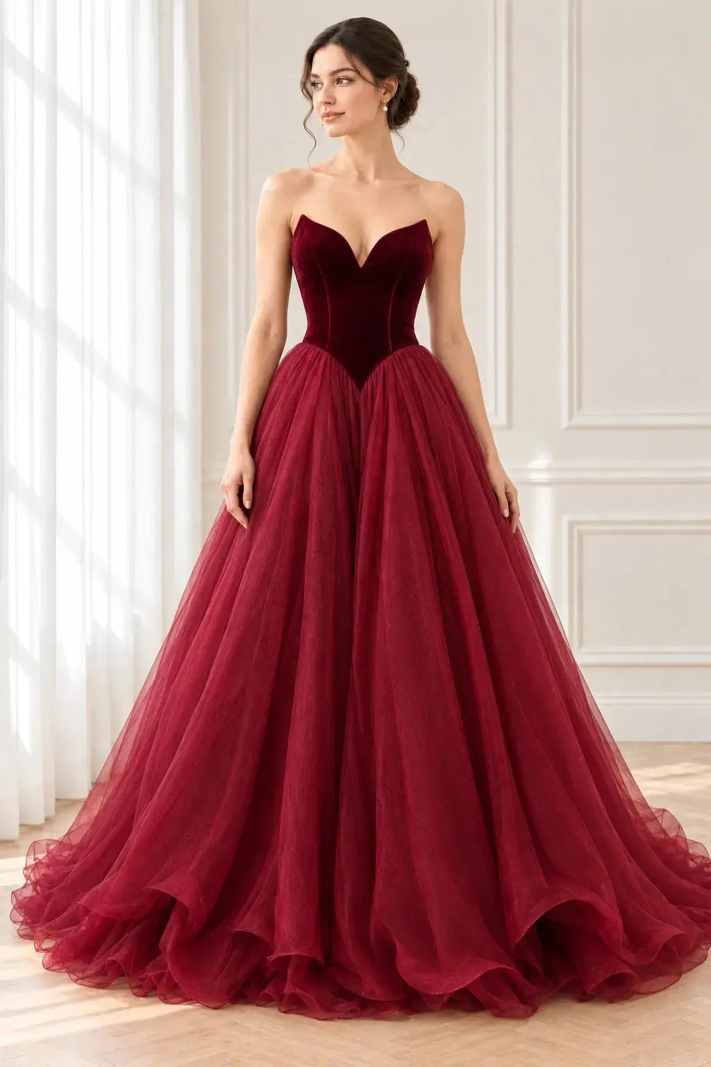 Burgundy Basque Waist Strapless Prom Dress with Lace-Up Back and Train