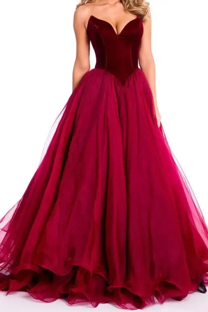 Burgundy Basque Waist Strapless Prom Dress with Lace-Up Back and Train