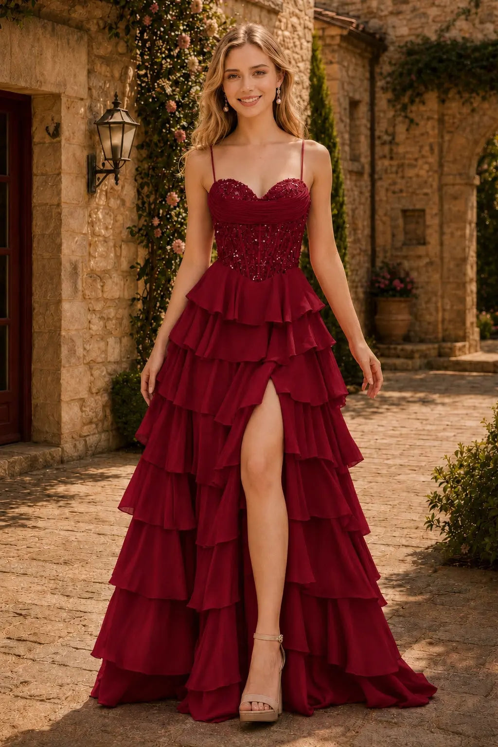 Spaghetti Straps Sweetheart Embellished Corset Chiffon Slit Ruffle Prom Dress with Detachable Straps