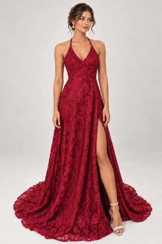 Burgundy Floral Lace Halter A-Line Prom Dress with High Slit and Train