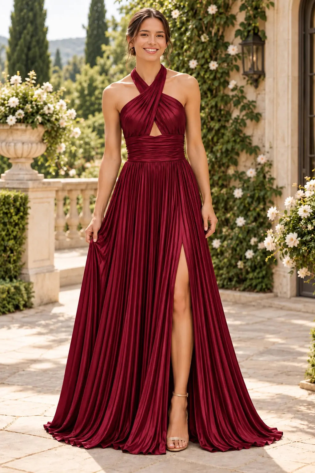 Glitter Green Halter Cut Out Backless Pleats Long Prom Dress with Slit