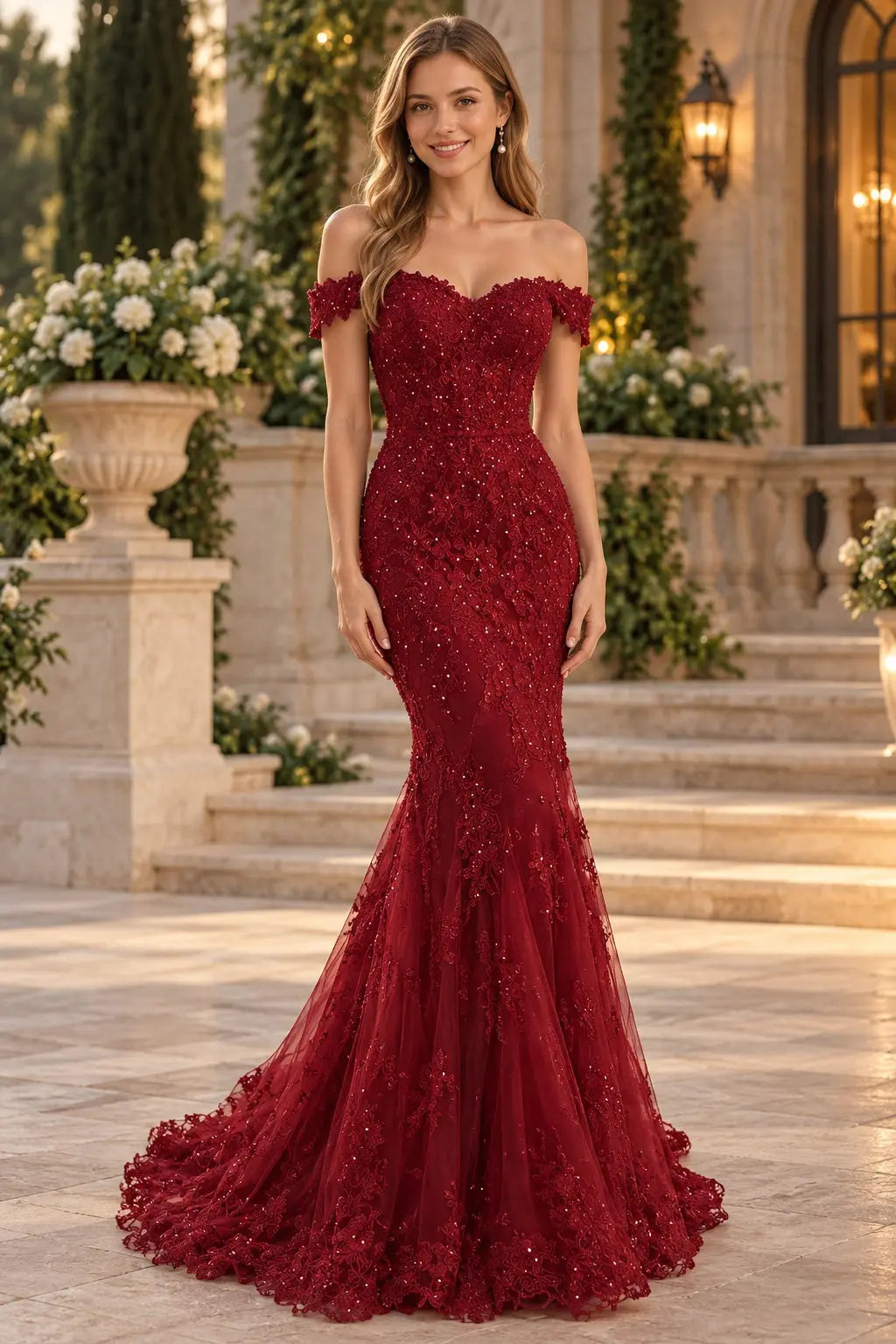 Burgundy Lace Mermaid Prom Dress with Off-Shoulder Neckline and Sweep Train