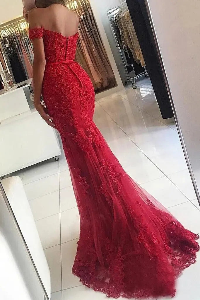 Burgundy Lace Mermaid Prom Dress with Off-Shoulder Neckline and Sweep Train