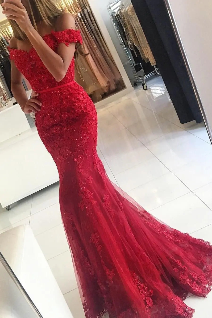 Burgundy Lace Mermaid Prom Dress with Off-Shoulder Neckline and Sweep Train