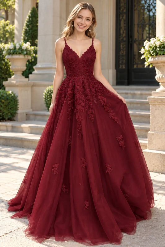 Burgundy Lace & Tulle A-Line Prom Dress - Lace-Up Back and Court Train