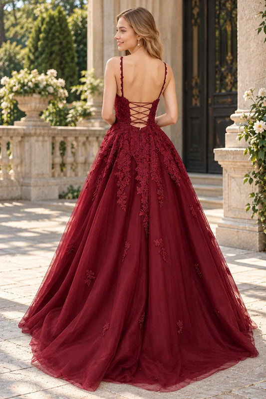 Burgundy Lace & Tulle A-Line Prom Dress - Lace-Up Back and Court Train