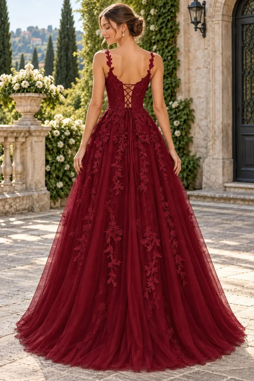 Burgundy_Lace_V-Neck_A-Line_Prom_Dress_with_Appliques_and_Lace-Up_Back