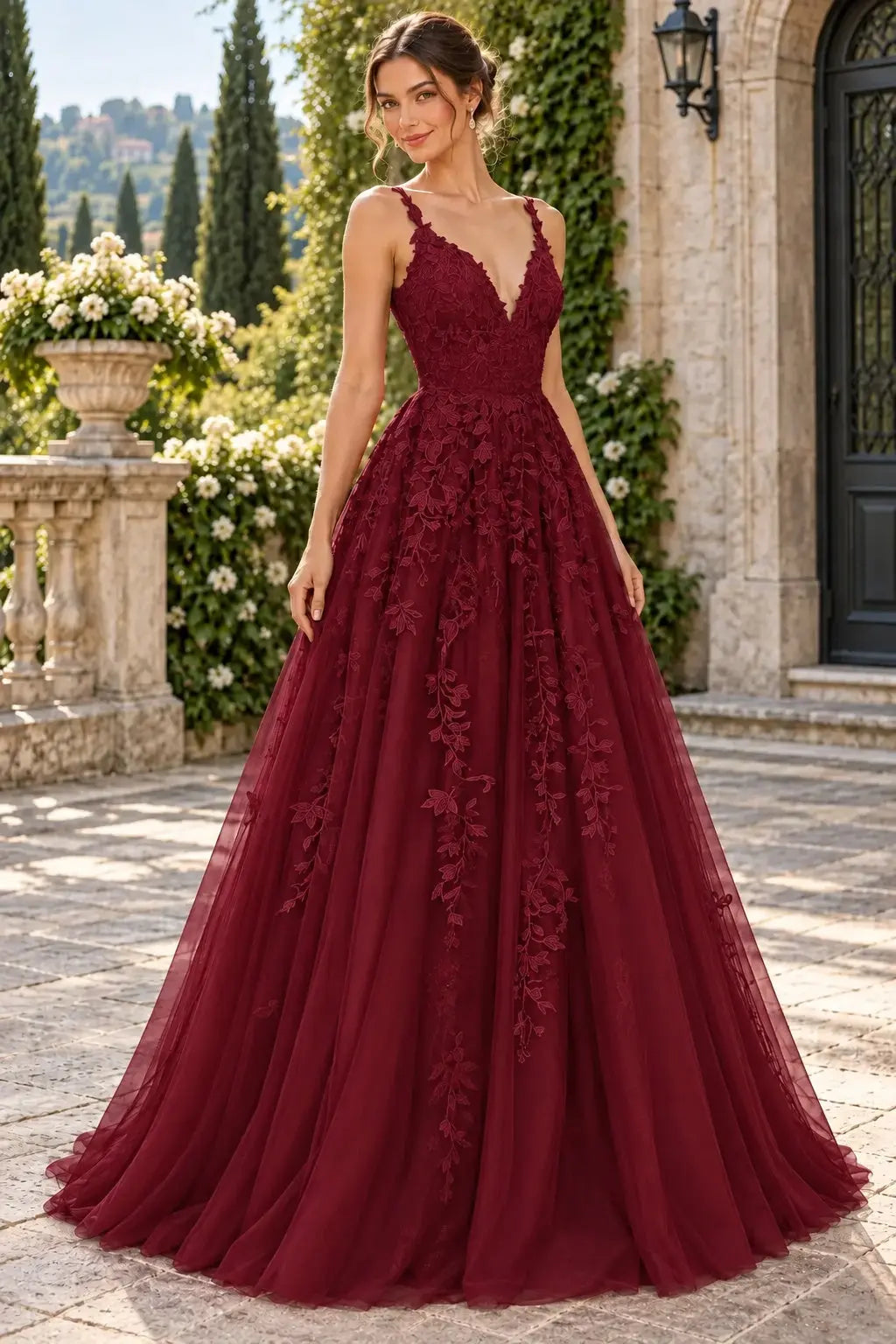 Burgundy_Lace_V-Neck_A-Line_Prom_Dress_with_Appliques_and_Lace-Up_Back