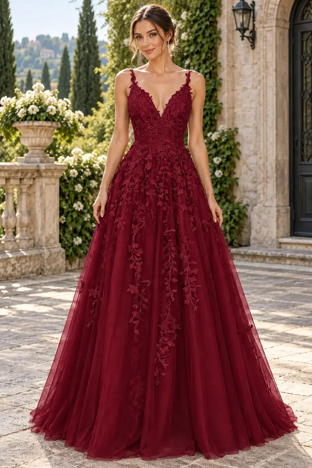Burgundy_Lace_V-Neck_A-Line_Prom_Dress_with_Appliques_and_Lace-Up_Back