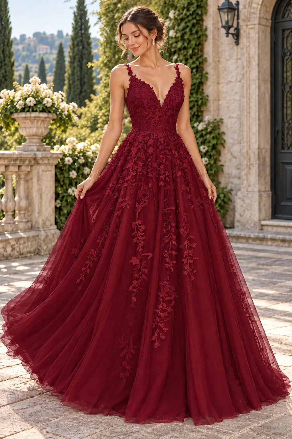 Burgundy_Lace_V-Neck_A-Line_Prom_Dress_with_Appliques_and_Lace-Up_Back