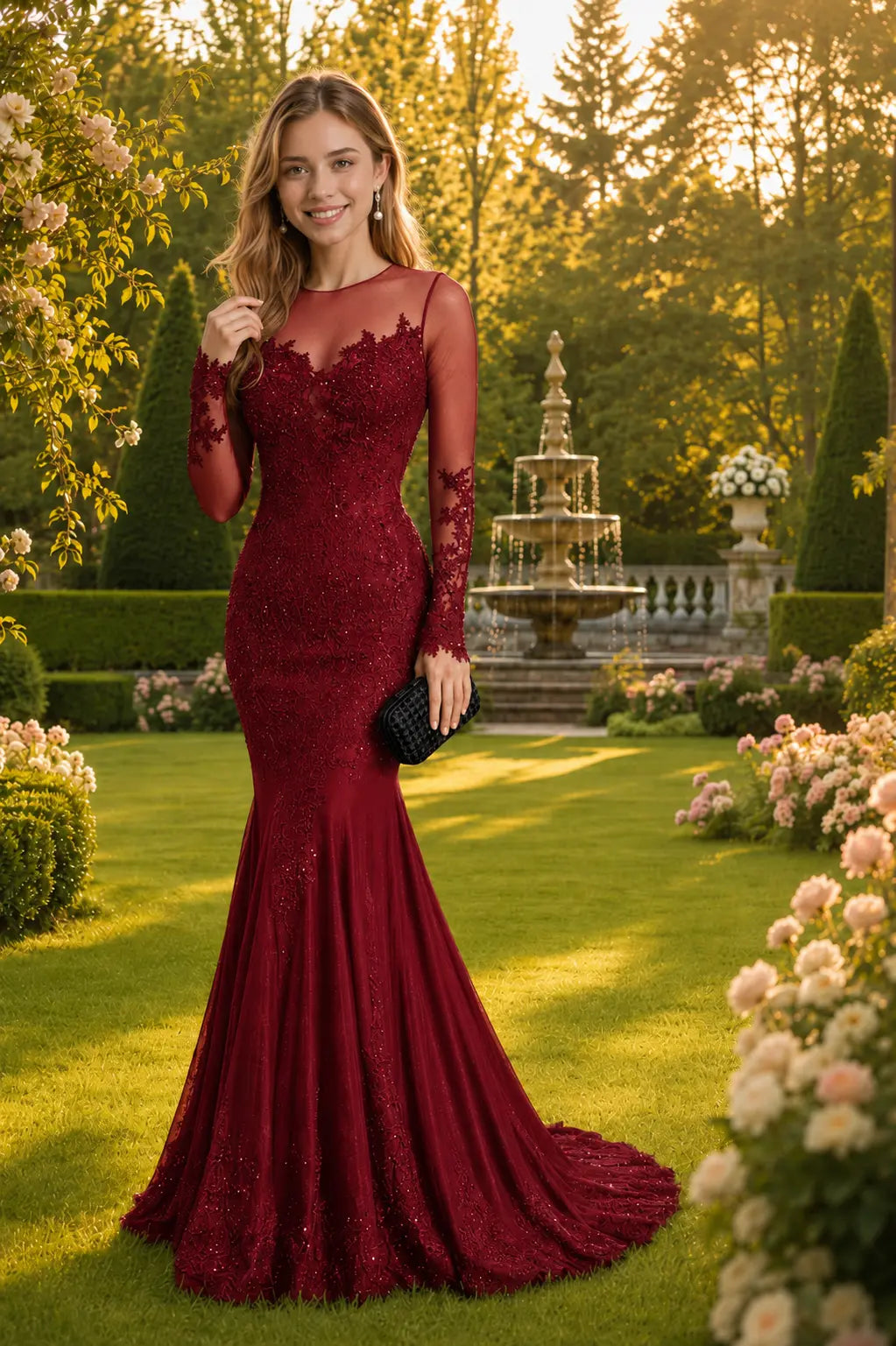 Trumpet/Mermaid Long Sleeves Sheer Neck Sweep/Brush Train Applique Prom Dresses KAIDRESS