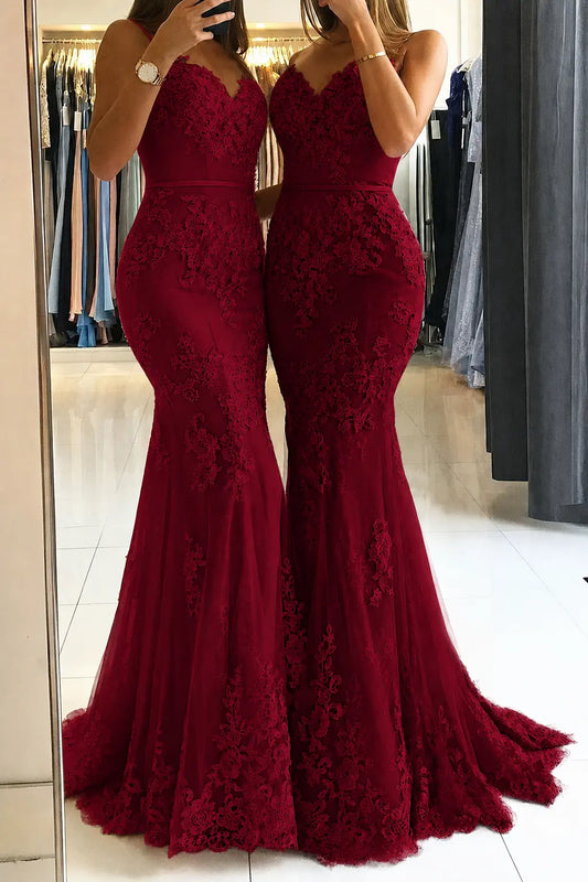 Burgundy Mermaid Lace Applique Prom Dress Sweetheart Formal Gown
