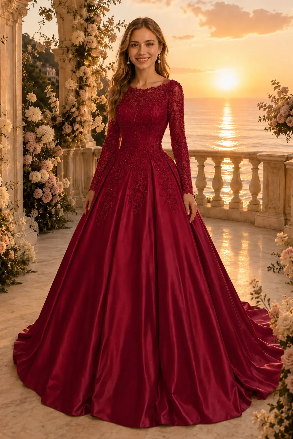 Ball Gown Long Sleeves Off-the-Shoulder Chapel Train Applique Satin Prom Dresses Kaidress