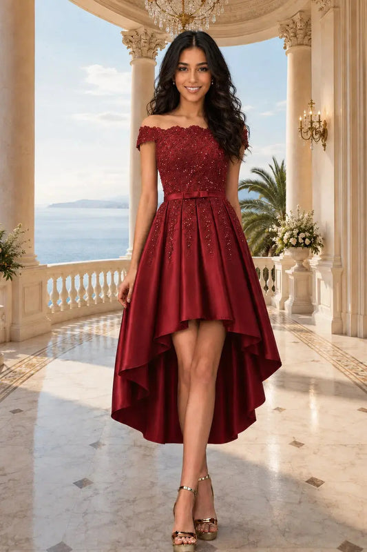 Burgundy Off Shoulder Satin High-Low Homecoming Dress With Pockets