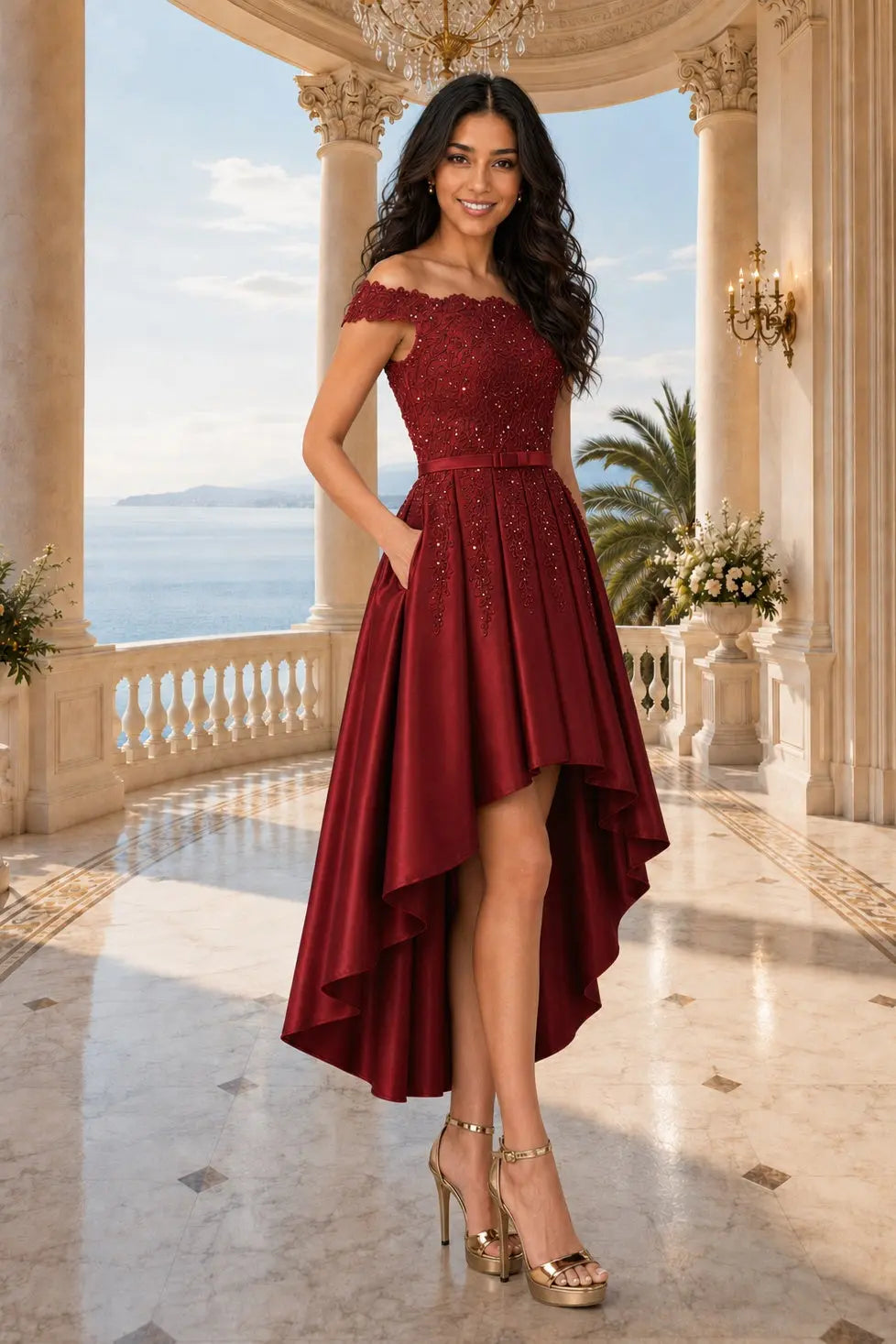 A-line Burgundy Satin Off the Shoulder A Line Strapless Lace Tulle Asymmetrical Dress With Pockets KAIDRESS