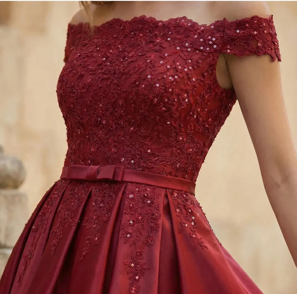 A-line Burgundy Satin Off the Shoulder A Line Strapless Lace Tulle Asymmetrical Dress With Pockets KAIDRESS