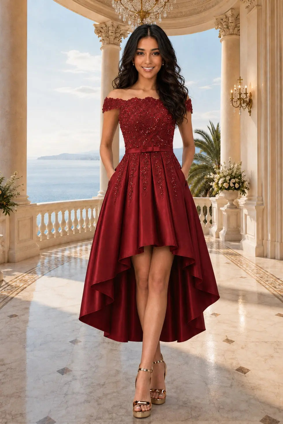 A-line Burgundy Satin Off the Shoulder A Line Strapless Lace Tulle Asymmetrical Dress With Pockets KAIDRESS