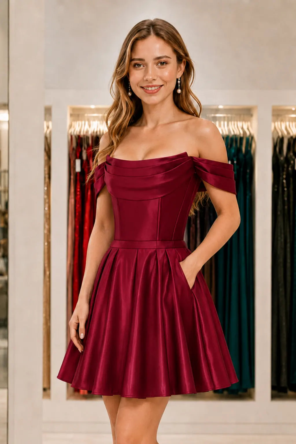 A-Line Satin Homecoming Dress Off Shoulder Mini Dress With Pockets KAIDRESS