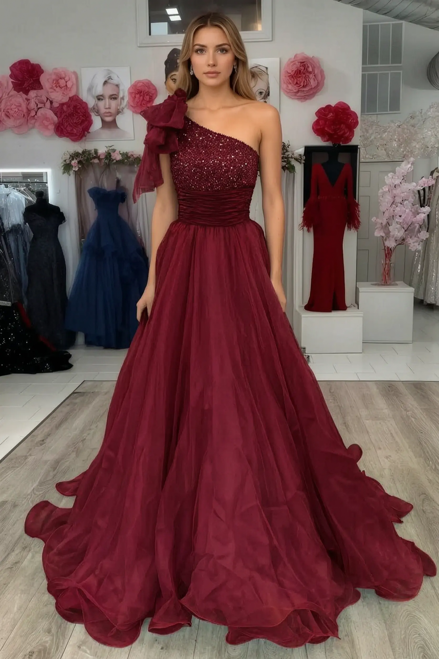 A Line Sparkly Sky Blue One Shoulder Long Prom Dress with Beading KAIDRESS
