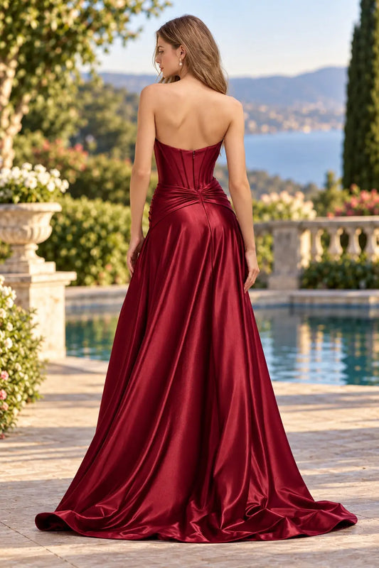 Burgundy Satin Corset Prom Dress with Strapless Neckline and High Slit