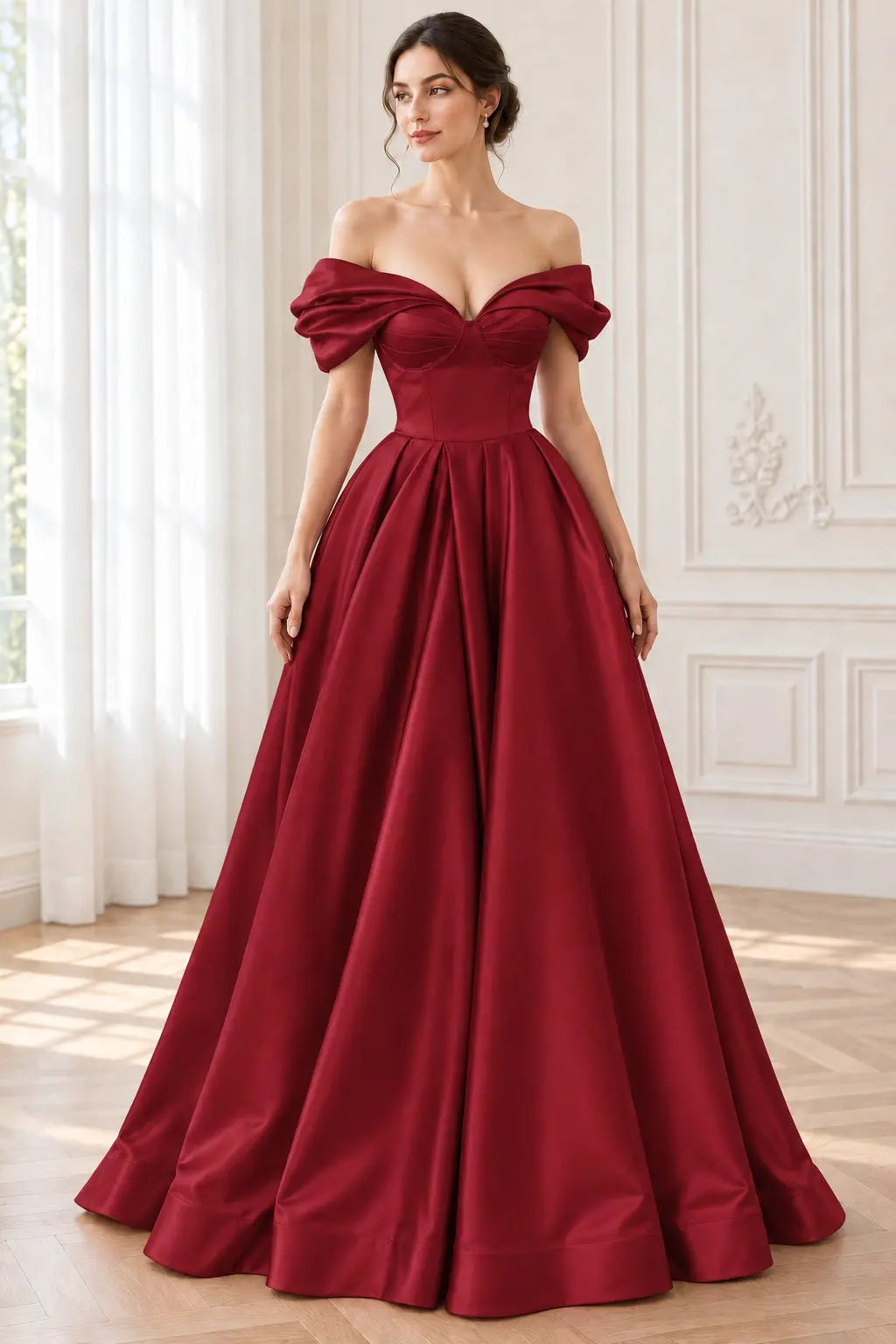 A-line Off-the-Shoulder Short Sleeve Satin Long/Floor-Length Prom Dresses With Ruffles Split