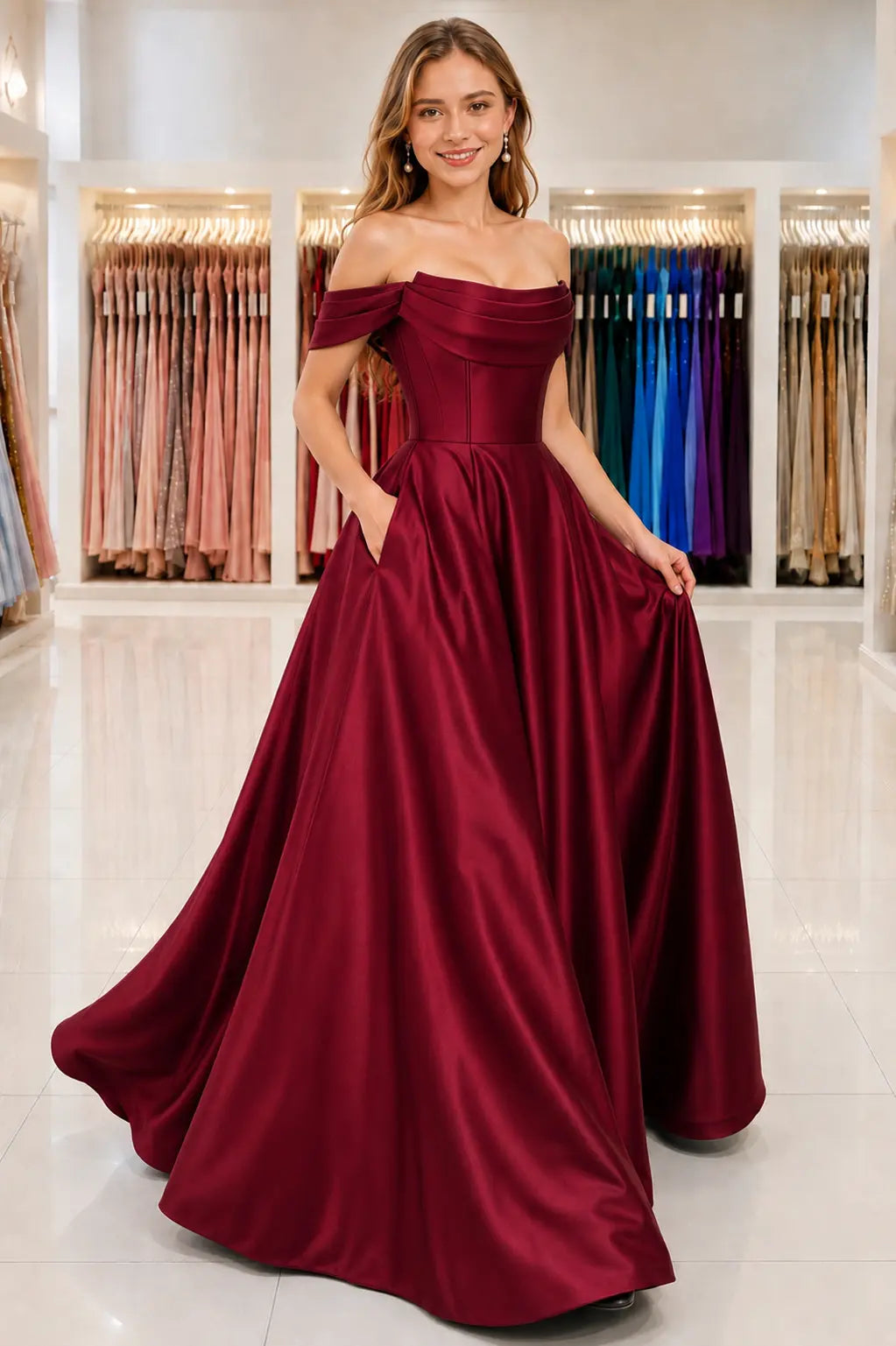 A-Line Satin Long Prom Dress, Simple Off the Shoulder Evening Party Dress With Pockets KAIDRESS