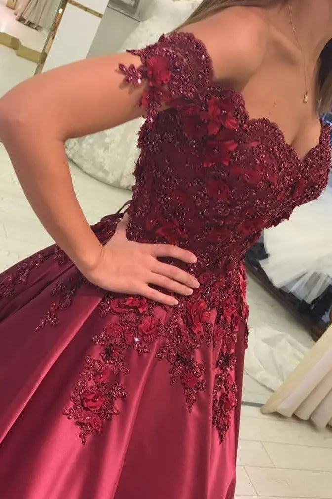 Burgundy Satin Off Shoulder Beaded Ball Gown Prom Dress
