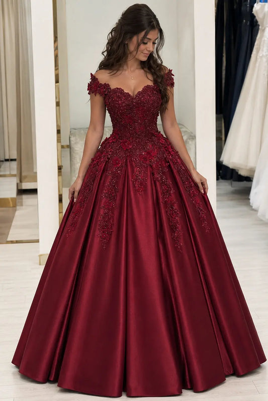 Burgundy Satin Off Shoulder Beaded Ball Gown Prom Dress