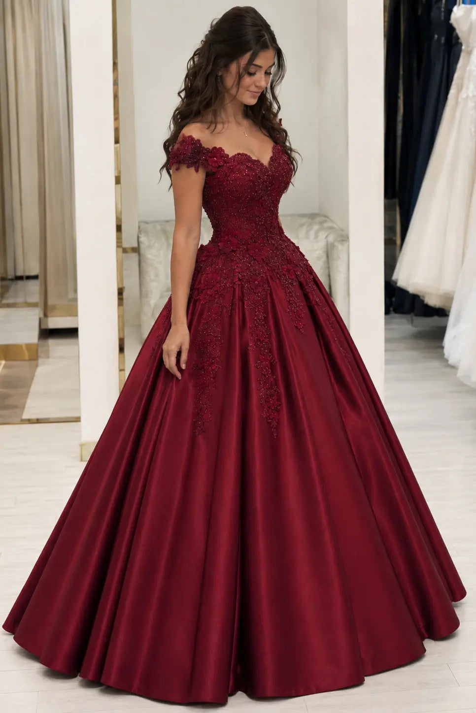 Appliqued Off-The-Shoulder Satin Princess Prom Dress With Beads