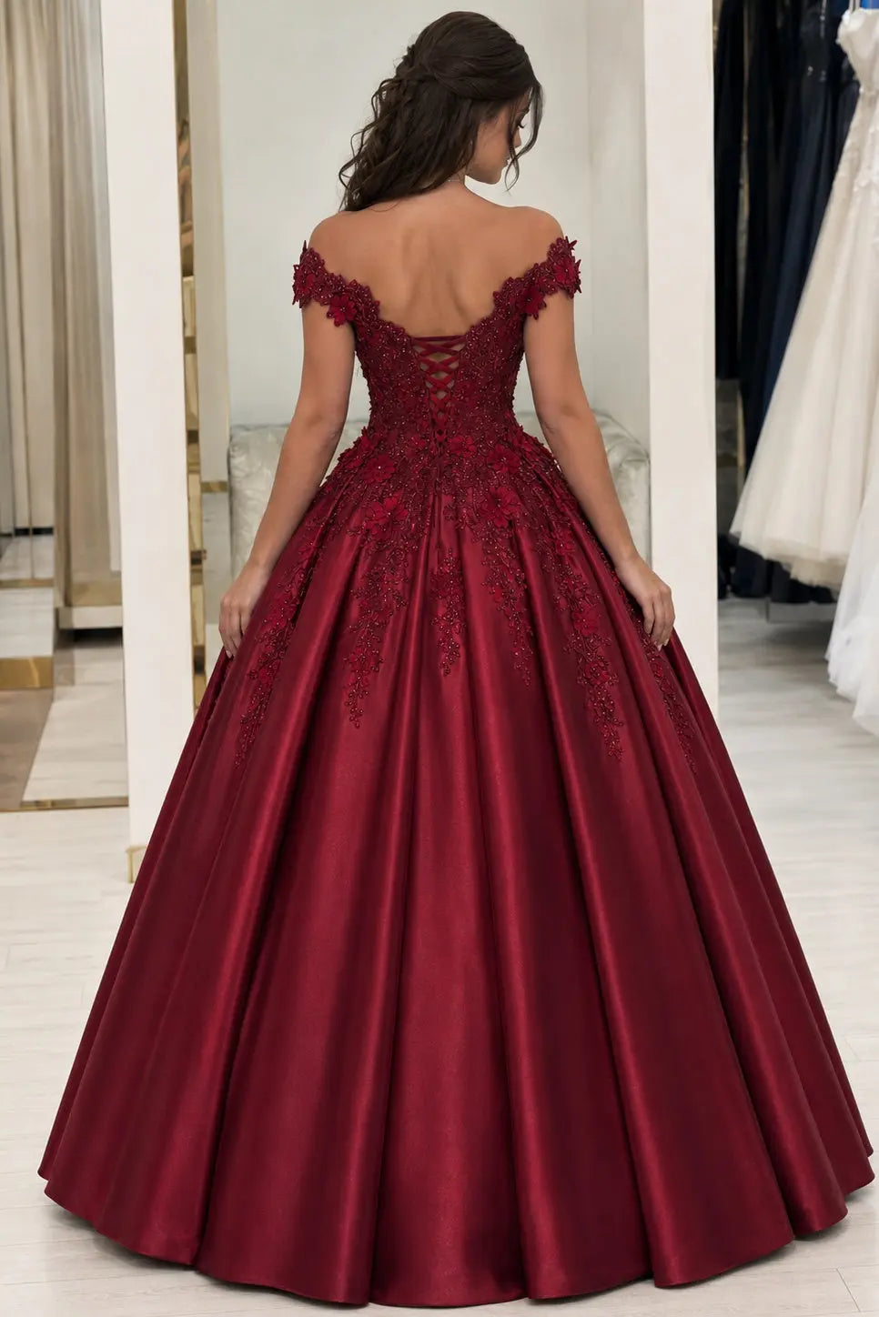 Appliqued Off-The-Shoulder Satin Princess Prom Dress With Beads