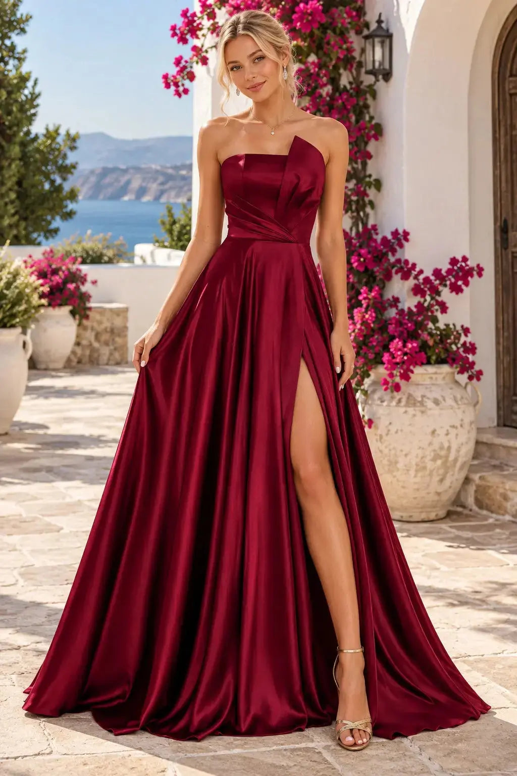 Burgundy Satin Strapless A-Line Prom Dress with Pleats and a High Slit
